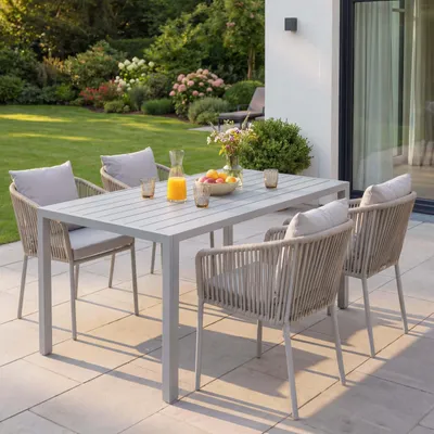 Produktbild von Gartengarnitur HWC-N41, Tisch+4xStuhl, wetterfest Alu 140x80cm, Seilgeflecht Rope  grau Kissen grau