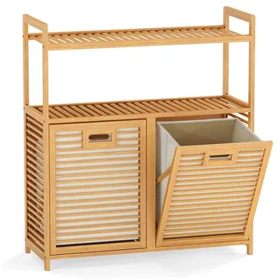 Produktbild von COSTWAY Wäschekorb, Wäschesammler 2 Fächer aus Bambus, Wäschesortierer mit 2 Ablagen & Wäschesäcken, Wäschebox, 80 x 30 x 92 cm, Natur