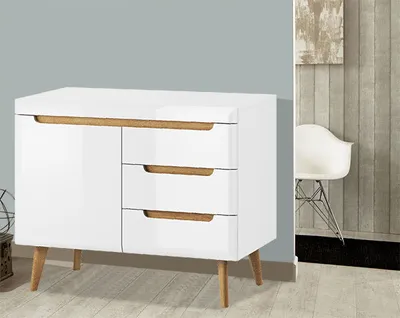 Productafbeelding van Kommode, dressoir, salontafel voor de woonkamer, 107 cm, wit, hoogglans, riviera eikenhout