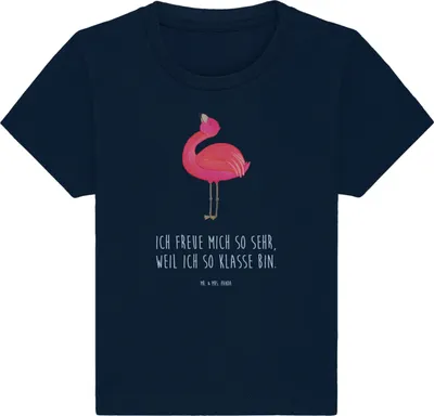 Produktbild von Mr. & Mrs. Panda  T-Shirt Flamingo Stolz 6. - 12. Monat - French Navy - Geschenk, Kinder Top, Rosa, Baby Baumwollshirt, Kleinkind Shirt, Mama, Selbstliebe, glücklich