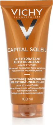 Produktbild von Vichy Idéal Soleil, Lotion, Gesicht & Körper, 100 ml, Röhre, Feuchtigkeitsspendend, Aqua, Glycerin, Cetearyl Alcohol, Paraffinum Liquidum, Dihydroxyacetone, Dimethicone, Alcohol...