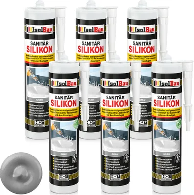 Produktbild von Isolbau Sanitär Silikon 6 x 300 ml Grau - Hochelastischer Silikon-Dichtstoff für Abdichtungen & Fugen – Schimmelresistent, wasserdicht -  Kartusche