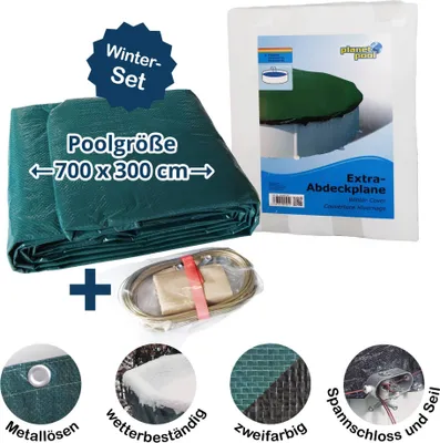 A collage of images showing a pool cover, its accessories, and details about its features.