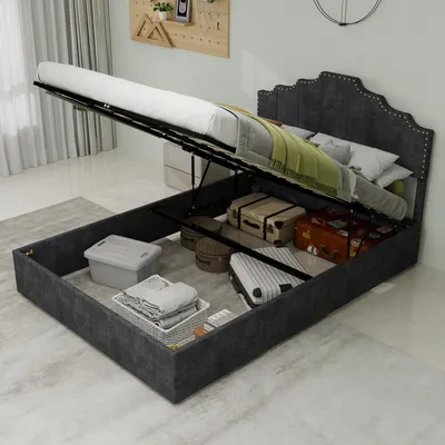 Productafbeelding van MODFU Tweepersoonsbed 140x200, bedframe met hoge poten, bed met lade en lattenbodem, bedframe zonder matras, grijs
