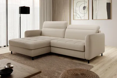 Produktbild von Krudox GOMSI Ecksofa L Form mit Schlaffunktion Bettkasten und Kopfstützen 228 x 165 cm Hellbeige Links Stoff Manhattan 18
