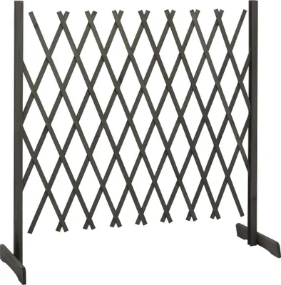 A gray wooden garden trellis fence on a white background.