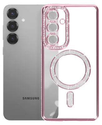A smartphone case with MagSafe and rhinestone accents, shown with a smartphone.