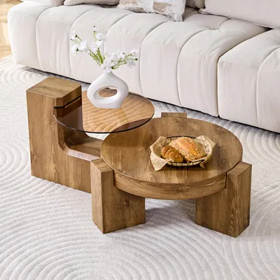Produktbild von MODFU Couchtisch Set Rund Zweiteilig Zwei Ebenen Beistelltisch Kombination Platzsparend Wohnzimmer,Holz