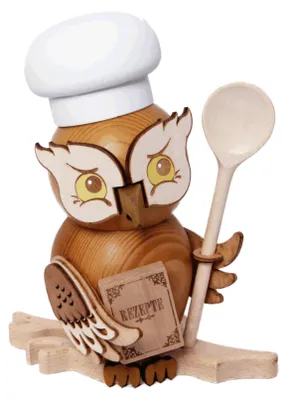 Produktbild von Drechslerei Kuhnert - Räucherfigur Eule als Koch - Größe ca. 15cm, für Räucherkerzen Größe M (Standard) - 37210