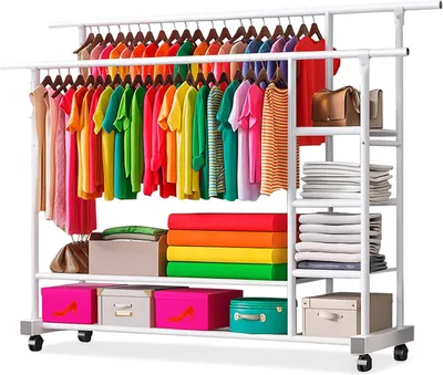 Imagen del producto de Perchero con 6 estantes, 2 barras para colgar, de metal, color blanco, con ruedas, para almacenamiento