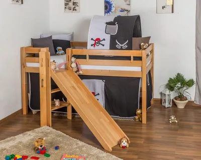 Produktbild von Hochbett Kinderbett mit Rutsche, Liegefläche 90x200 cm, Höhe 113 cm, Buche Massivholz natur