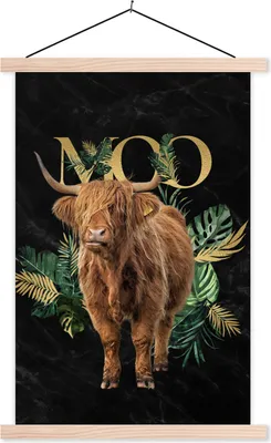 Produktbild von MuchoWow® Textilposter Kuh - Schottisches Hochlandrind - Pflanzen 120x180 cm mit holzfarbenen Rahmen - Textil-Plakat