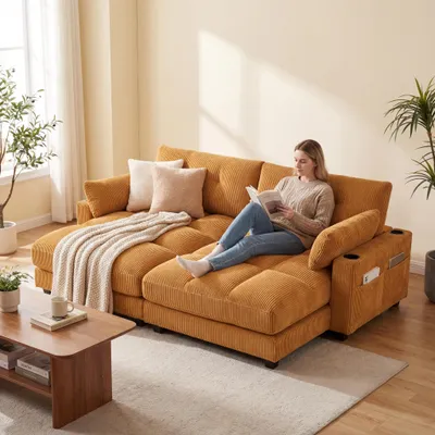 Immagine prodotto di Divano letto LVHOM con USB e portabicchieri, divano a 2 posti, poltrona reclinabile con tasche laterali, poltrona lounge da pavimento, schienale regolabile, giallo