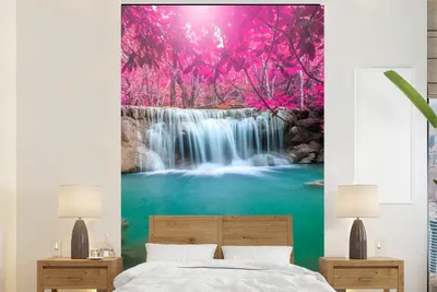 Produktbild von MuchoWow® Fototapete für Wohnzimmer oder Schlafzimmer Wandtapete Vinyl Motivtapete Wasserfall - Baum - Rosa - Natur - 225x350 cm - Schlafzimmer tapete