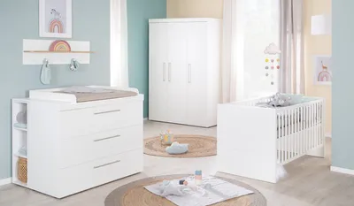 Produktbild von roba Kinderzimmer Set 3-teilig Kimi- Kinderbett 70 x 140 cm umbaubar + Wickelkommode mit 3 Schubladen + Kinderkleiderschrank - Weiß