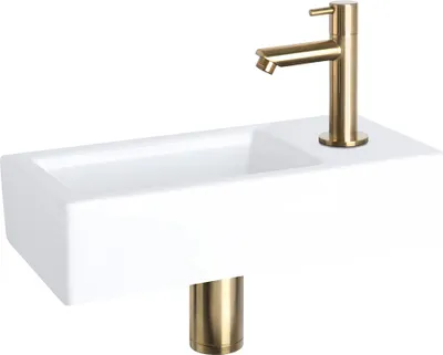 Productafbeelding van Differnz Helios Fonteinset – Wasbak Keramiek 37,5x18.5x9,5cm – Fonteinset Toilet met Fonteinkraan Rechts Mat Goud – Wastafel met Rechte Kraan en Standaard Greep – Voor Badkamer of WC
