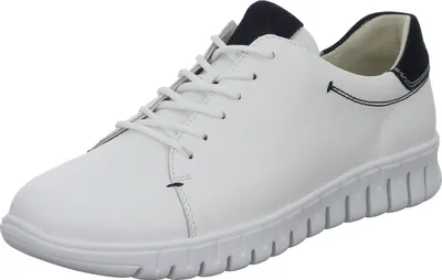 A white leather sneaker with navy accents is shown against a white background.
