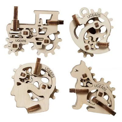 Produktbild von Ugears 3D mechanisches Holzpuzzle mit 4 mechanischen Anhängern und Zeichensymbolen