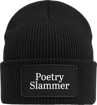 Produktbild von Huuraa Beanie Poetry Slammer Schriftzug Black doppellagige Polyacryl Mütze mit Patch Geschenkidee