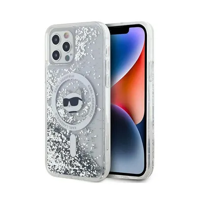 A Karl Lagerfeld iPhone 12/12 Pro case with glitter and a Choupette Head design.