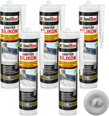 Produktbild von Isolbau Sanitär Silikon 5 x 300 ml Hellgrau - Hochelastischer Silikon-Dichtstoff für Abdichtungen & Fugen – Schimmelresistent, wasserdicht -  Kartusche