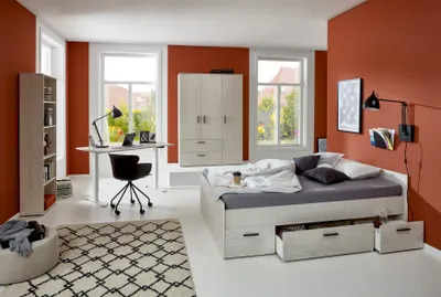 Produktbild von Jugendzimmer-Set Mathea 4-tlg. / Kleiderschrank, elektrisch höhenverstellbarer Schreibtisch, großes Bett 140 x 200 cm, Regal