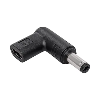 A black angled adapter with a USB-C connector on one end and a barrel connector on the other.