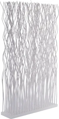 A white room divider made of interwoven willow branches.