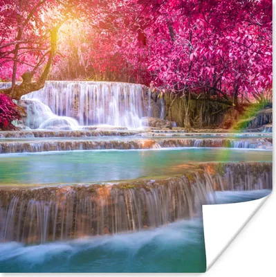 Produktbild von MuchoWow® Poster Wasserfall - Regenbogen - Bäume - Rosa - Natur 100x100 cm - Babyzimmer