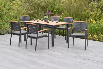 Produktbild von Merxx Gartenmöbel Set Tinos 13tlg., 6 Stapelsessel inkl. Kissen, Tisch 150 x 90 cm- Aluminium/Akazie