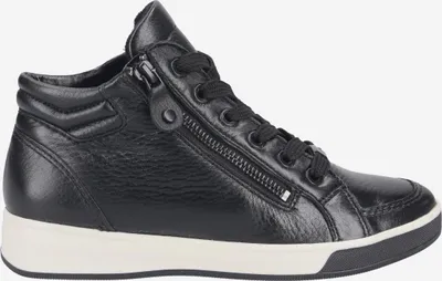 A studio shot of a black leather high-top sneaker.