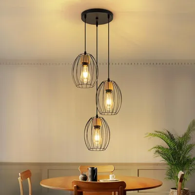 Produktbild von ZMH Hängelampe Vintage Pendelleuchte Esstisch - 3 flammig Esstischlampe Hängend Schwarz Hängeleuchte Metall & Holz E27 Retro Pendellampe für Wohnzimmer Schlafzimmer Küche (Ohne Leuchtmittel)