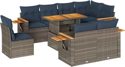 Productafbeelding van vidaXL 9-delige tuinmeubelset met kussens, grijs, polyrotan, acaciahout