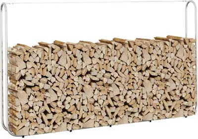 A metal rack filled with firewood, presented against a white background.