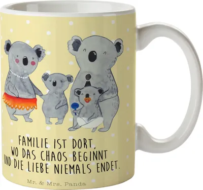 Produktbild von Mr. & Mrs. Panda Becher Koala Familie - Gelb Pastell - Geschenk, Teetasse, Mama, Kinder, Kaffeetasse, Tasse, Vatertag, Pott, Kaffeebecher, haferl, Family