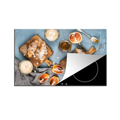 Produktbild von KitchenYeah© Herdabdeckplatte Croissant - Obst - Frühstück , 80x52cm, Küche Deko, Glaskeramikkochfeld Herdabdeckung, Abdeckplatte fùr Kochfeld
