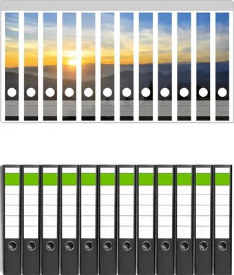 Produktbild von Wallario 12 Stück schmale Ordner inkl. Klebeetiketten mit Motive Sonnenaufgang über dem Schwarzwald -  Set mit Rückenschildern / Ordnerrücken Stickern