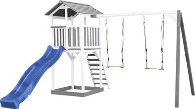 Produktbild von AXI Beach Tower Spielturm aus Holz in Weiß & Grau | Spielhaus für Kinder mit blauer Rutsche, Doppelschaukel und Sandkasten | Stelzenhaus für den