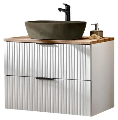 Produktbild von Badmöbel Waschtisch Set Unterschrank matt weiß gerillt mit Wotan Eiche, Keramik-Waschbecken in Beton-Optik, 2 Softclose-Schubkästen, B/H/T 80,6/74,2/46,5 cm
