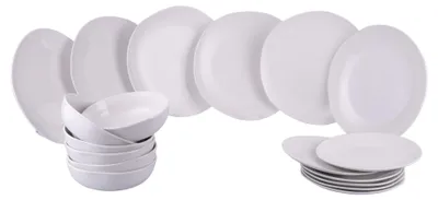 Produktbild von Villa d'Este Home Geschirrset „Wave“ aus weißem Porzellan, 18-teilig / für 6 Personen – 6 Speiseteller, 6 Frühstücksteller und 6 tiefe Teller