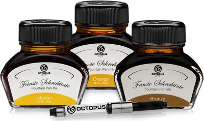 Produktbild von 3 x 30 ml Octopus Schreibtinte mit Tinten-Konverter, Bronze, Orange und Mango