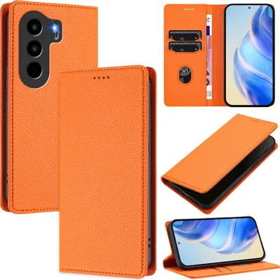 Produktbild von Litchi Leder Handyhülle für itel Power 70 Wallet Kartenfächer Standfunktion Hülle Orange