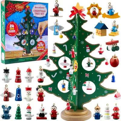 Produktbild von Adventskalender für Weihnachten mit Countdown für 24 Tage – Mit einem Holz-Weihnachtsbaum zum Aufstellen und 28 Dekorationen – Schneemann – Weihnachtsmann