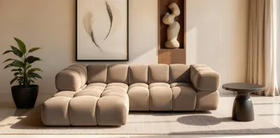 Productafbeelding van Designbank BLANCHE, hoekbank, stof Bluvel Latte, met ottoman aan de linkerkant