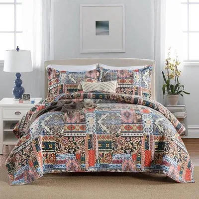 Produktbild von Unyqoos® Tagesdecke-Set – 100% Baumwolle, 230 x 250 cm, Boho-Blumen Patchwork mit 2 Kissenbezügen 50 x 70 cm für Doppelbett
