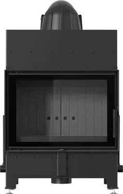A front view of a black fireplace insert with a glass door and a chimney flue on top, set against a white background.