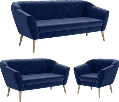 Produktbild von MEBLINI Mini Sofa Set 3-2-1 für Wohnzimmer - Mini Lounge für sechs Personen - Küchensofa - Sofa Klein - Sitzgarnitur - Polstergarnitur - Sofagarnituren - GISELA - 3+2+1 - Blau Samt