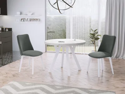 Produktbild von Designer Runder Ausziehbarer Esstisch in Weißer Marmoroptik - Loft-Stil, Industriell, Platzsparend - Weiße Beine - 100 bis 200 cm - für 5-10 Personen - Marmor Weiß - 200 cm