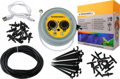A collection of items for an automatic plant watering system, including a timer, tubing, emitters, and stakes, laid out on a white background.