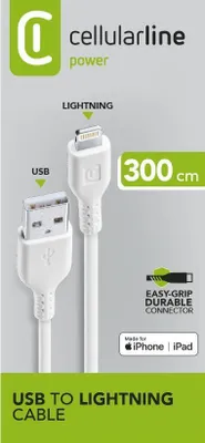 Produktbild von Cellularline Power Cable 300cm - Lightning, 3 m, Lightning, USB A, Weiß, 100 g, 3000 mm